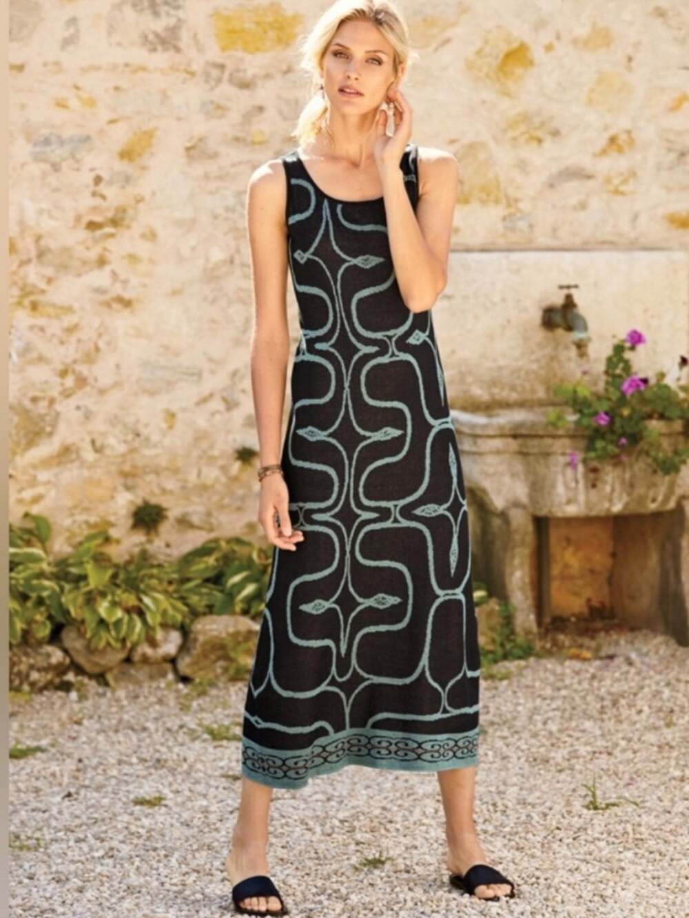 Peruvian Connection Sachiko Pima Cotton Sleeveless Dress Small Midi Printed Knit